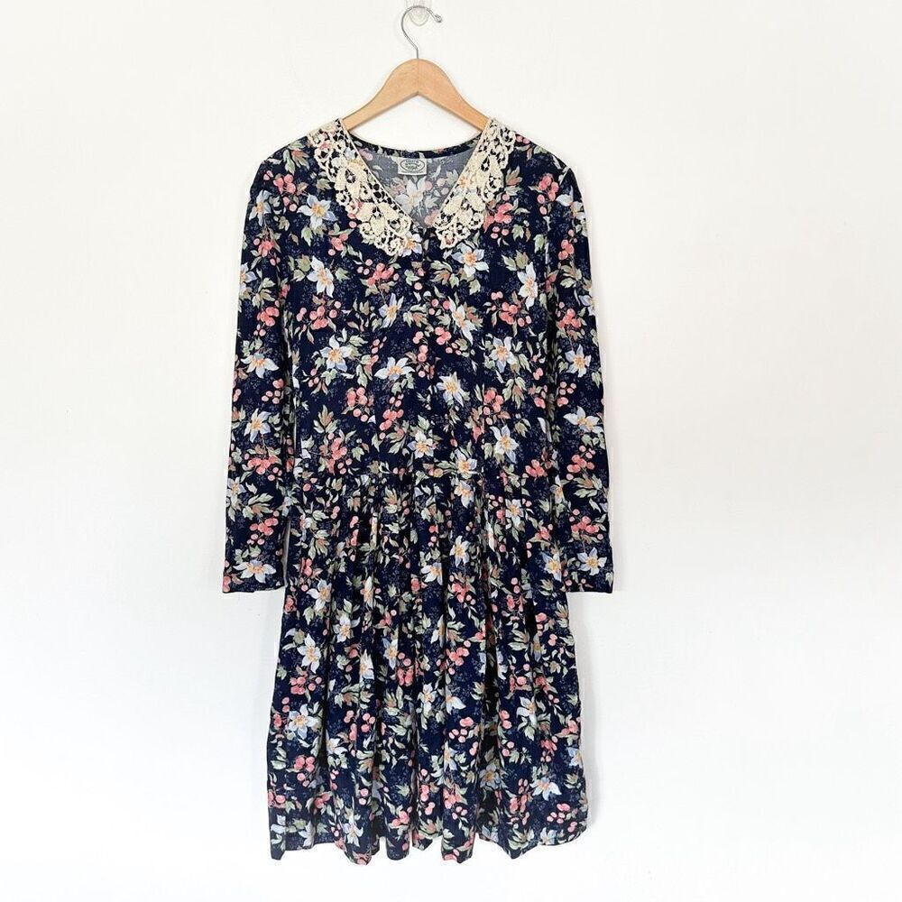 Laura Ashley Women’s Navy Floral Doily Lace Peter Pan Collar Long Sleeve Midi Dr